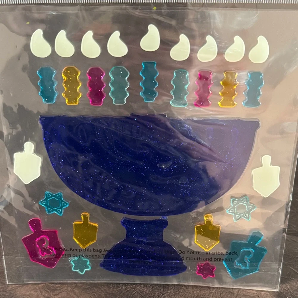 Glitter Chanukah Gel Decoration Set - Blue and Multicolor, NEW